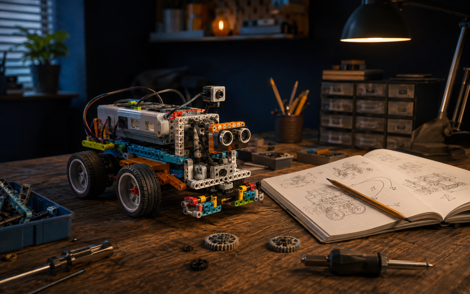 Modular robotics prototype on a workshop table