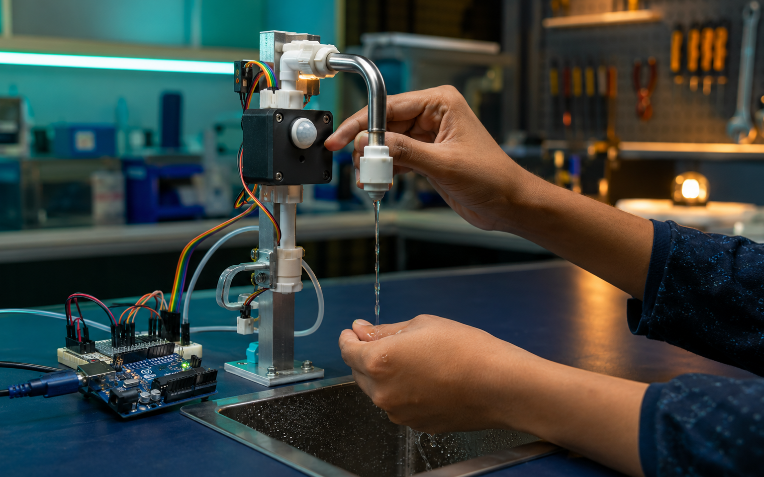 Water-conservation tap device being tested with sensors