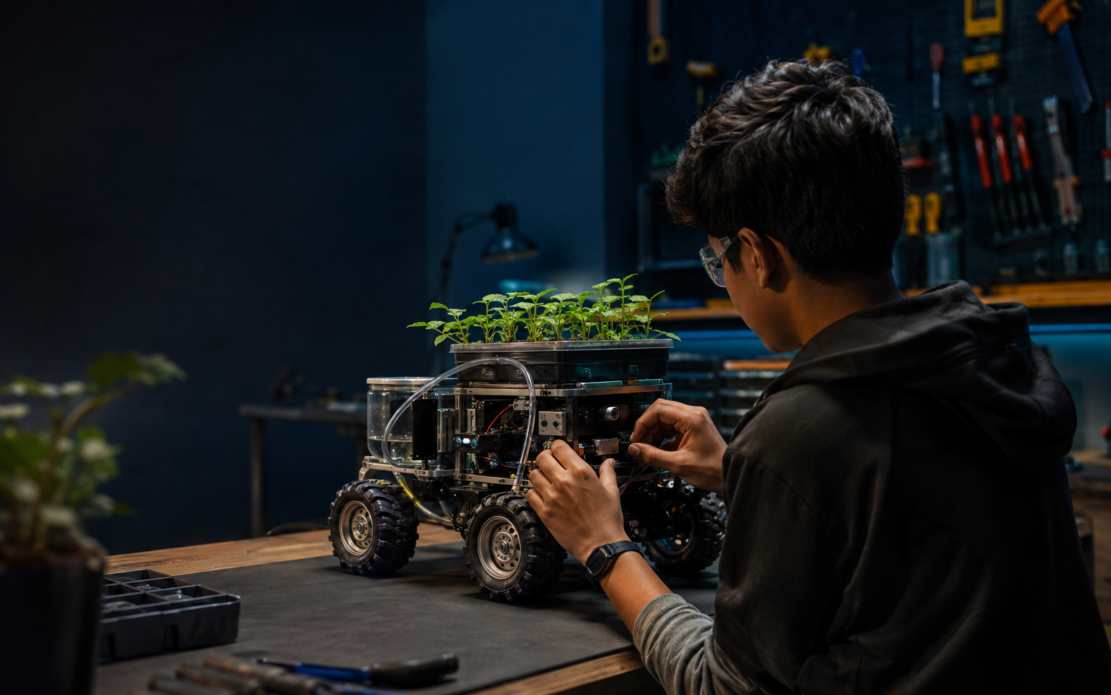 Young scientist developing an agricultural robot with seedlings